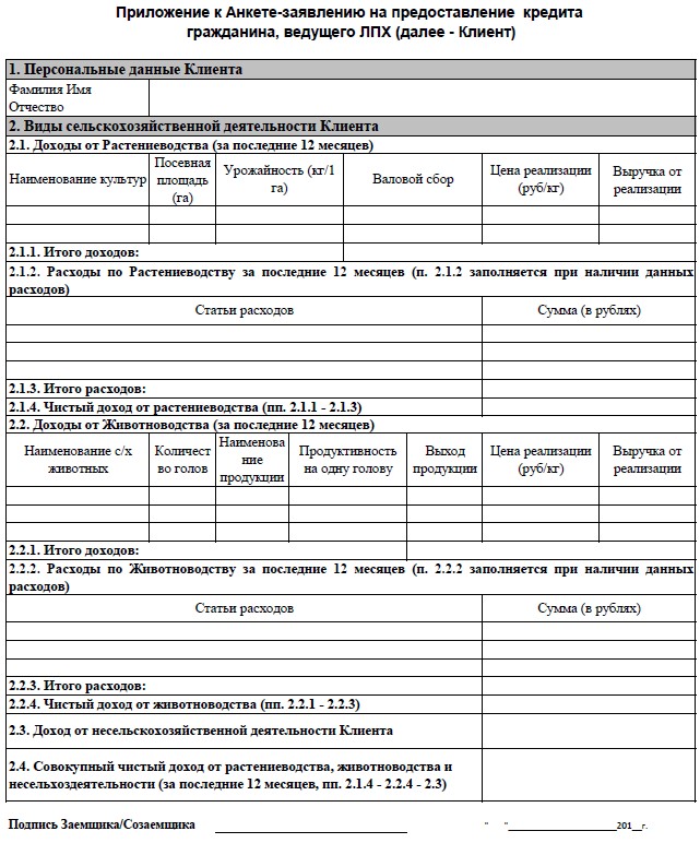 План развития личного подсобного хозяйства образец заполнения